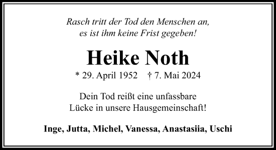 Traueranzeige von Heike Noth von Stormaner Tageblatt
