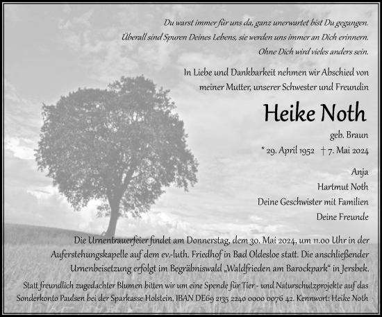 Traueranzeige von Heike Noth von Stormaner Tageblatt