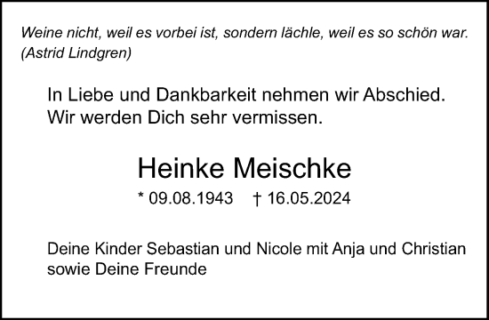 Traueranzeige von Heinke Meischke von Stormaner Tageblatt