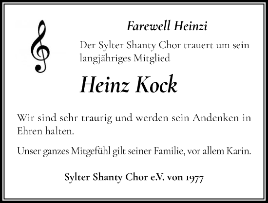 Traueranzeige von Heinz Kock von Sylter Rundschau