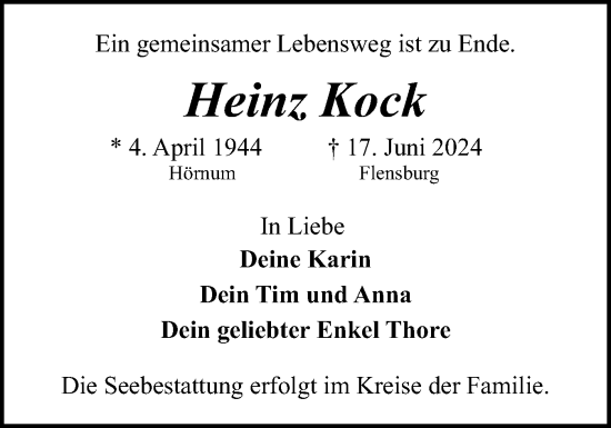 Traueranzeige von Heinz Kock von Sylter Rundschau