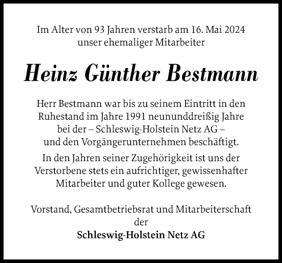 Traueranzeige von Heinz Günther Bestmann von Schleswig-Holsteinische Landeszeitung