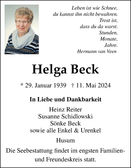 Traueranzeige von Helga Beck von Husumer Nachrichten, Nordfriesland Tageblatt