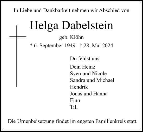 Traueranzeige von Helga Dabelstein von Stormaner Tageblatt