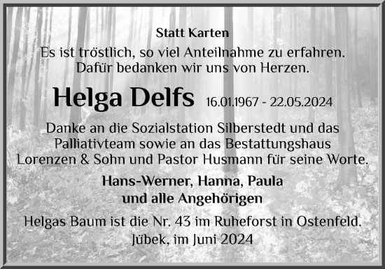 Traueranzeige von Helga Delfs von Schleswiger Nachrichten, Schlei-Bote
