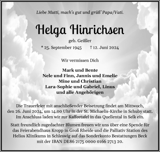 Traueranzeige von Helga Hinrichsen von Schleswiger Nachrichten, Schlei-Bote