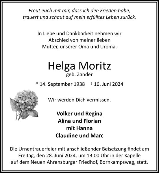 Traueranzeige von Helga Moritz von Stormaner Tageblatt