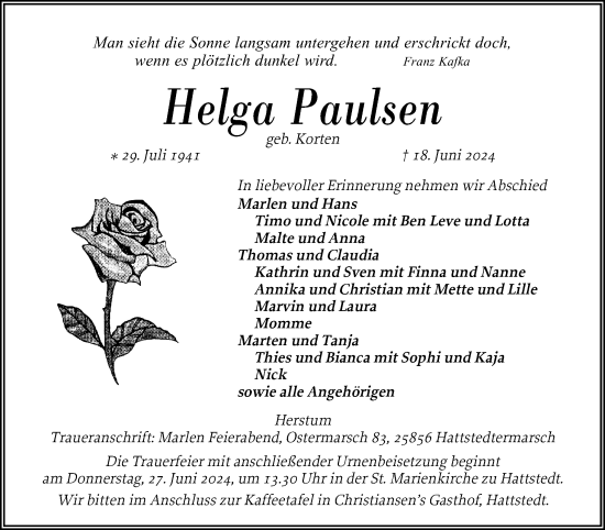 Traueranzeige von Helga Paulsen von Husumer Nachrichten, Nordfriesland Tageblatt