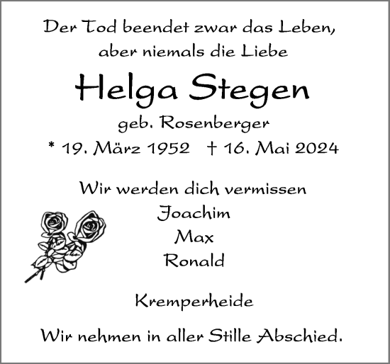 Traueranzeige von Helga Stegen von Norddeutsche Rundschau, Wilstersche Zeitung, Glückstädter Fortuna