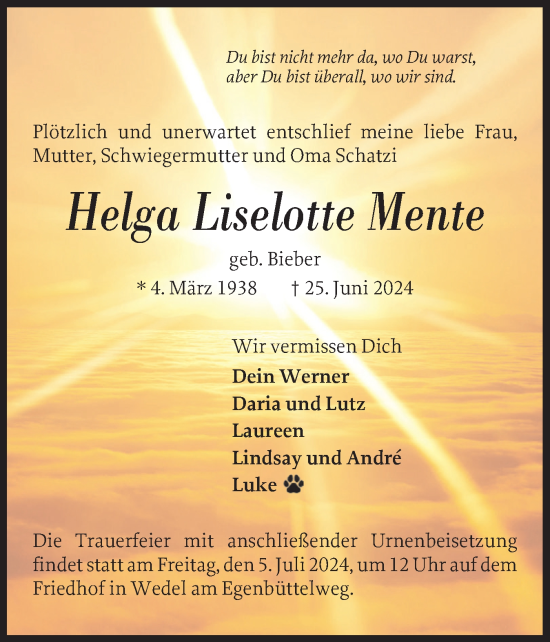 Traueranzeige von Helga Liselotte Mente von Wedel-Schulauer Tageblatt, tip Wedel-Schulauer Tageblatt, tip Rissener Rundschau