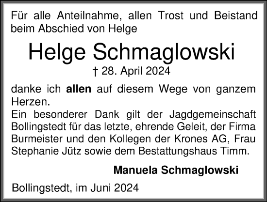 Traueranzeige von Helge Schmaglowski von Flensburger Tageblatt, Schleswiger Nachrichten, Schlei-Bote