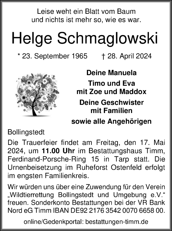 Traueranzeige von Helge Schmaglowski von Flensburger Tageblatt, Schleswiger Nachrichten, Schlei-Bote