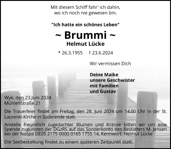 Traueranzeige von Helmut Lücke von Der Insel-Bote