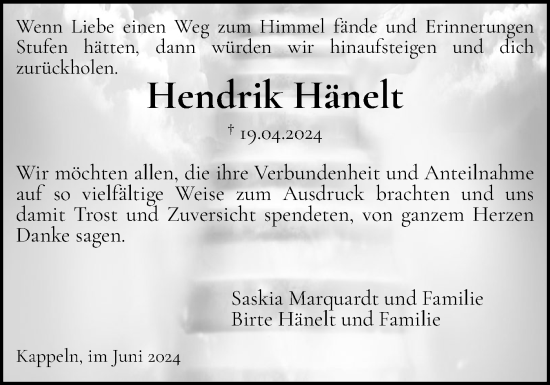 Traueranzeige von Hendrik Hänelt von Schleswiger Nachrichten, Schlei-Bote