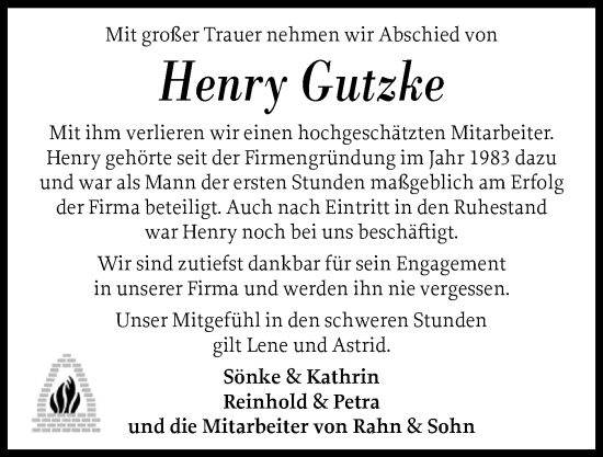 Traueranzeige von Henry Gutzke von Sylter Rundschau