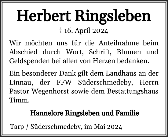 Traueranzeige von Herbert Ringsleben von Flensburger Tageblatt