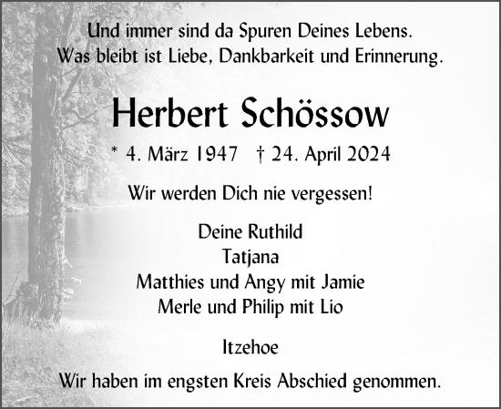 Traueranzeige von Herbert Schössow von Norddeutsche Rundschau, Wilstersche Zeitung, Glückstädter Fortuna