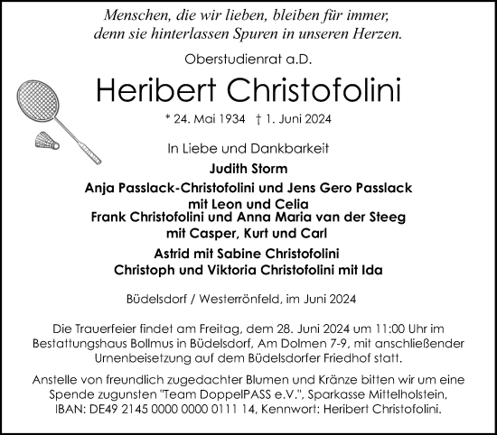 Traueranzeige von Heribert Christofolini von Schleswig-Holsteinische Landeszeitung