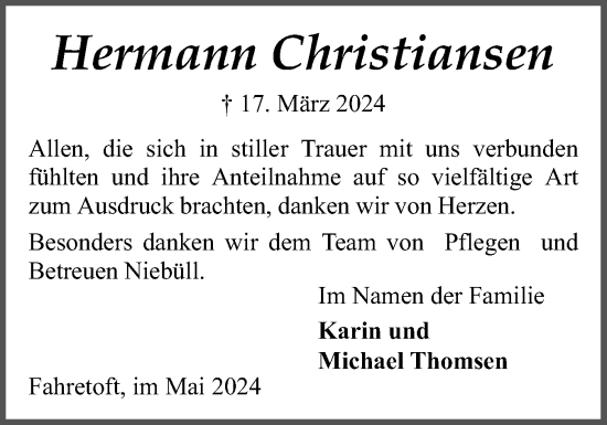 Traueranzeige von Hermann Christiansen von Husumer Nachrichten, Nordfriesland Tageblatt