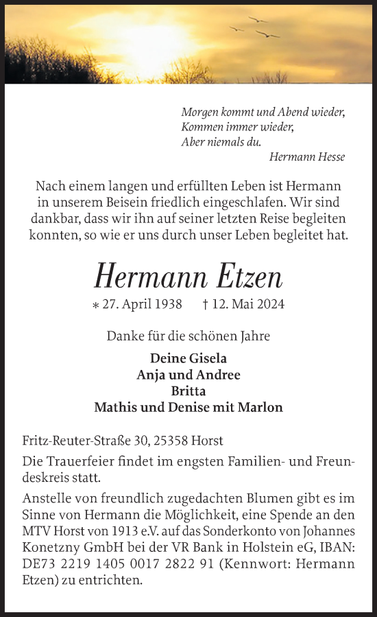 Traueranzeige von Hermann Etzen von Elmshorner Nachrichten, Barmstedter Zeitung