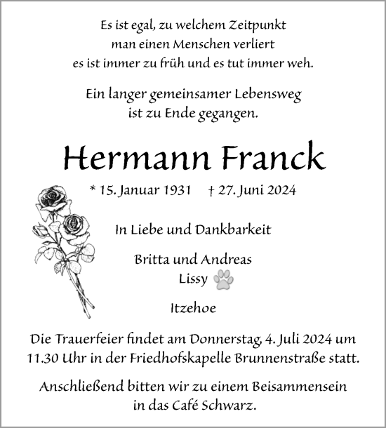Traueranzeige von Hermann Franck von Norddeutsche Rundschau, Wilstersche Zeitung, Glückstädter Fortuna