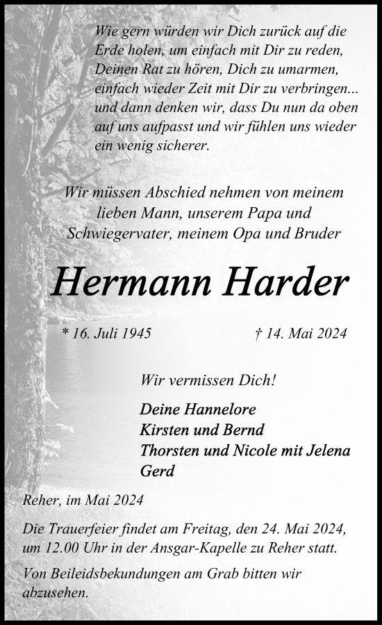 Traueranzeige von Hermann Harder von Schleswig-Holsteinische Landeszeitung