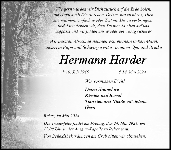 Traueranzeige von Hermann Harder von Norddeutsche Rundschau, Wilstersche Zeitung, Glückstädter Fortuna