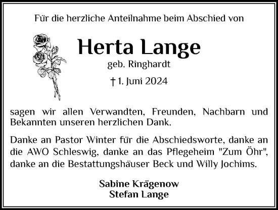 Traueranzeige von Herta Lange von Schleswiger Nachrichten, Schlei-Bote