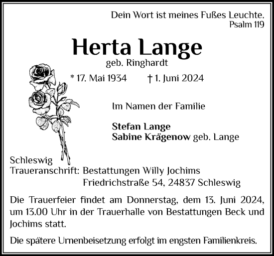 Traueranzeige von Herta Lange von Schleswiger Nachrichten, Schlei-Bote