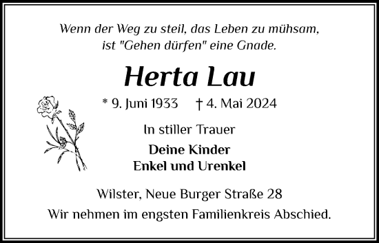 Traueranzeige von Herta Lau von Norddeutsche Rundschau, Wilstersche Zeitung, Glückstädter Fortuna