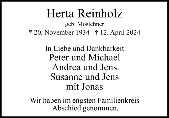 Traueranzeige von Herta Reinholz von Uetersener Nachrichten, Der tip am Wochenende