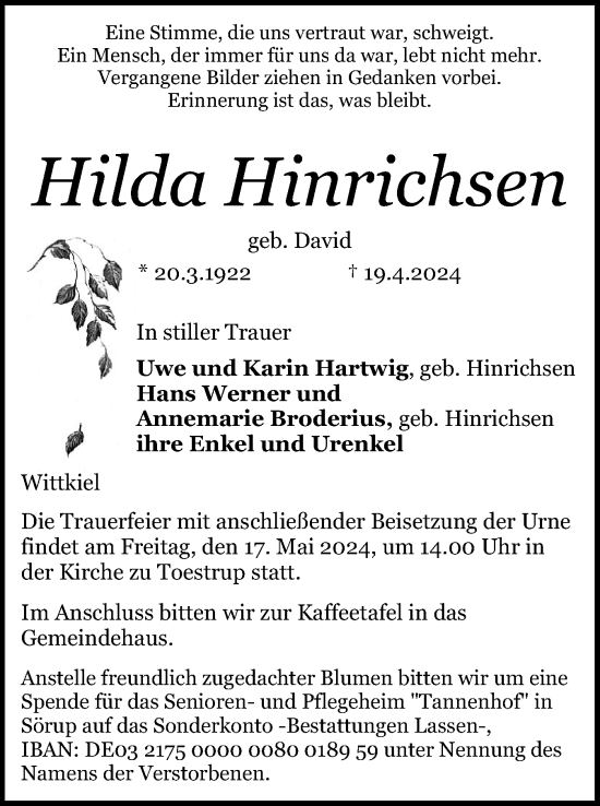 Traueranzeige von Hilda Hinrichsen von Schleswiger Nachrichten, Schlei-Bote
