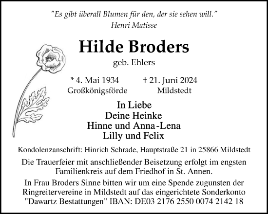 Traueranzeige von Hilde Broders von Husumer Nachrichten, Nordfriesland Tageblatt