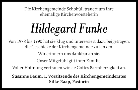 Traueranzeige von Hildegard Funke von Husumer Nachrichten, Nordfriesland Tageblatt