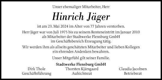 Traueranzeige von Hinrich Jäger von Flensburger Tageblatt