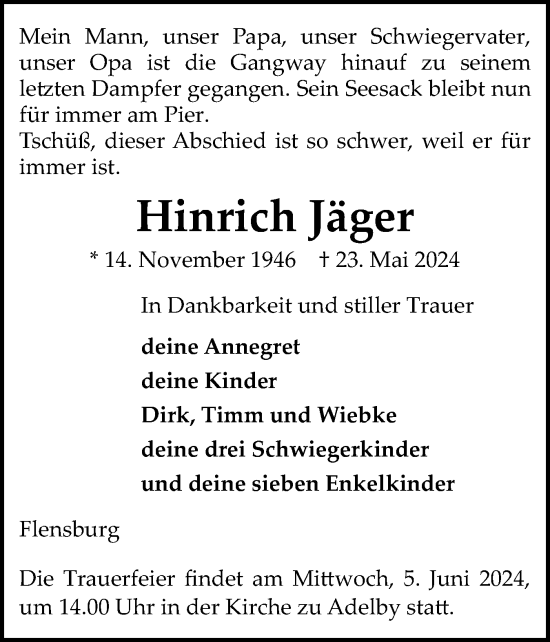Traueranzeige von Hinrich Jäger von Flensburger Tageblatt