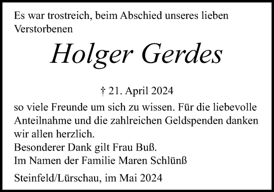 Traueranzeige von Holger Gerdes von Schleswiger Nachrichten, Schlei-Bote