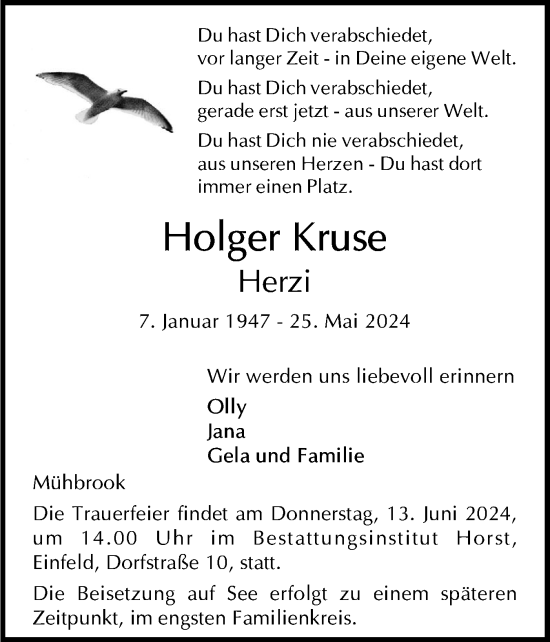 Traueranzeige von Holger Kruse von Holsteinischer Courier