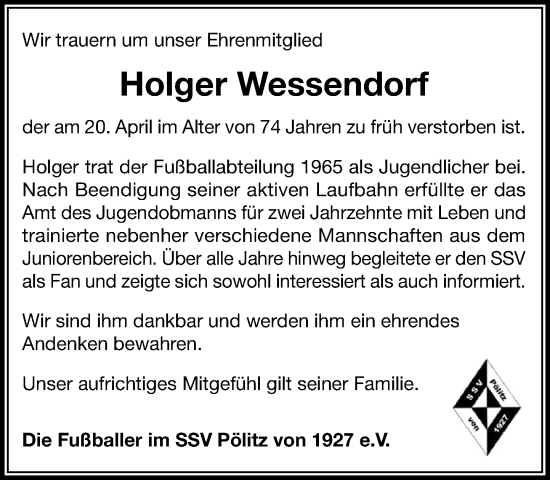 Traueranzeige von Holger Wessendorf von Stormaner Tageblatt