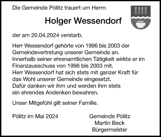 Traueranzeige von Holger Wessendorf von Stormaner Tageblatt
