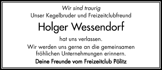 Traueranzeige von Holger Wessendorf von Stormaner Tageblatt