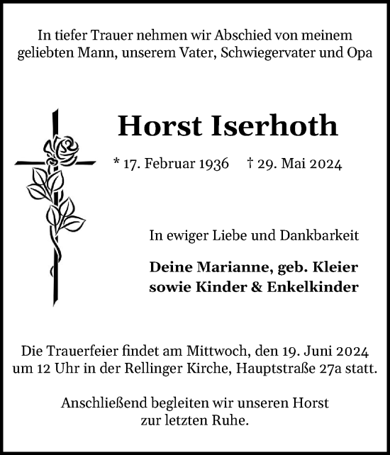 Traueranzeige von Horst Iserhoth von Region Pinneberg und tip Pinneberg