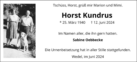 Traueranzeige von Horst Kundrus von Wedel-Schulauer Tageblatt, tip Wedel-Schulauer Tageblatt, tip Rissener Rundschau