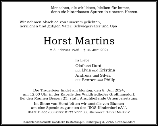 Traueranzeige von Horst Martins von Stormaner Tageblatt