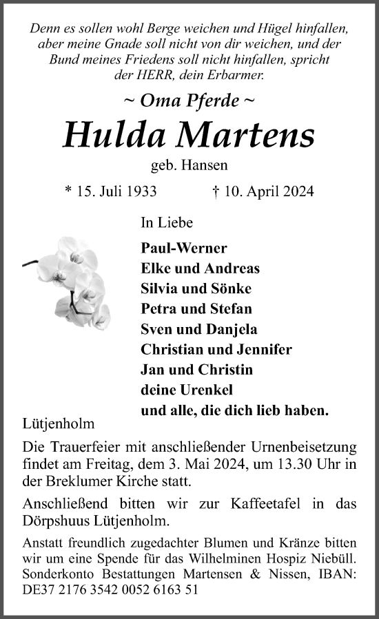 Traueranzeige von Hulda Martens von Husumer Nachrichten, Nordfriesland Tageblatt
