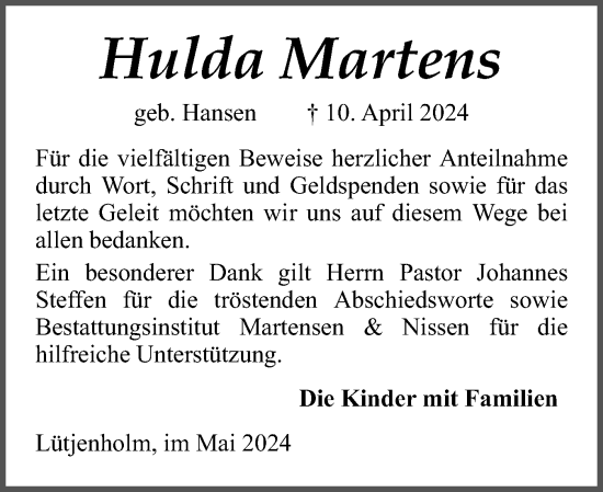 Traueranzeige von Hulda Martens von Husumer Nachrichten, Nordfriesland Tageblatt
