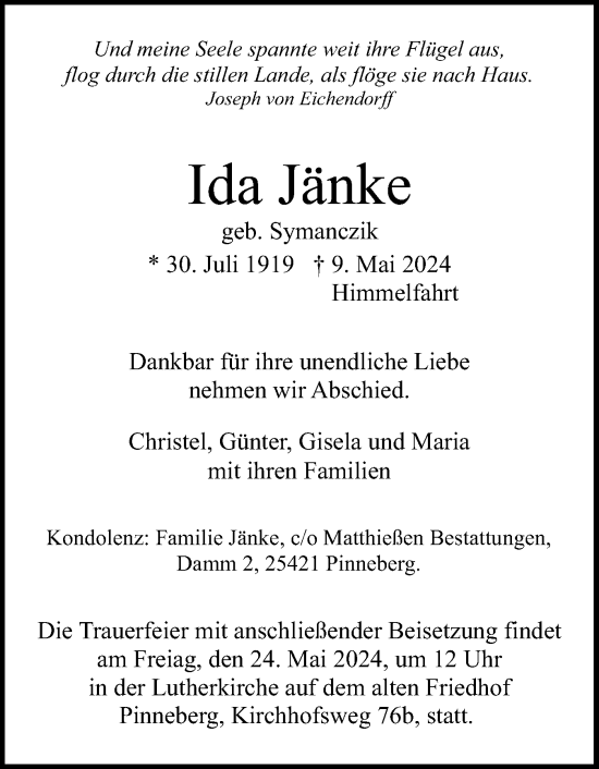 Traueranzeige von Ida Jänke von Region Pinneberg und tip Pinneberg