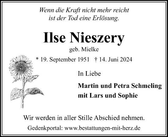 Traueranzeige von Ilse Nieszery von Flensburger Tageblatt, Schleswiger Nachrichten, Schlei-Bote