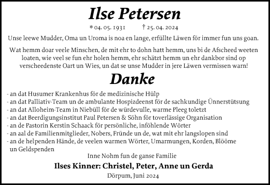 Traueranzeige von Ilse Petersen von Husumer Nachrichten, Nordfriesland Tageblatt