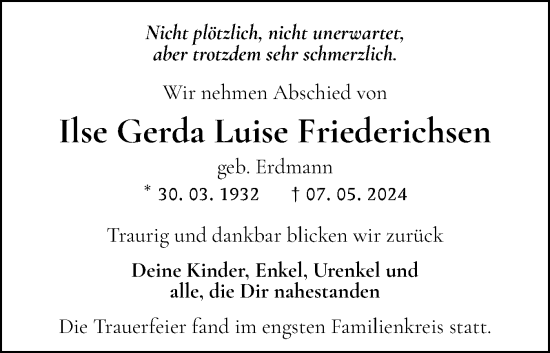 Traueranzeige von Ilse Gerda Luise Friederichsen von Flensburger Tageblatt
